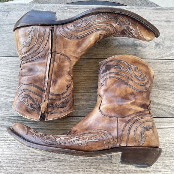 Damy Cowboy Ankle Boots Men 10/ 43 Brown Leather Embroidered Side Zip Italy Made - Picture 10 of 15